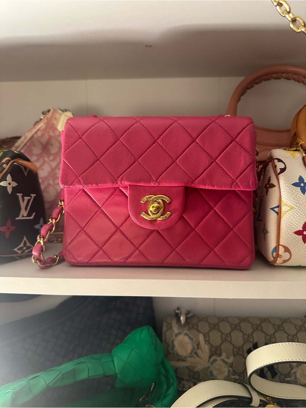 SOLD CHANEL Pink Quilted Square Flap Bag with Gold Hardware Vintage Authentic